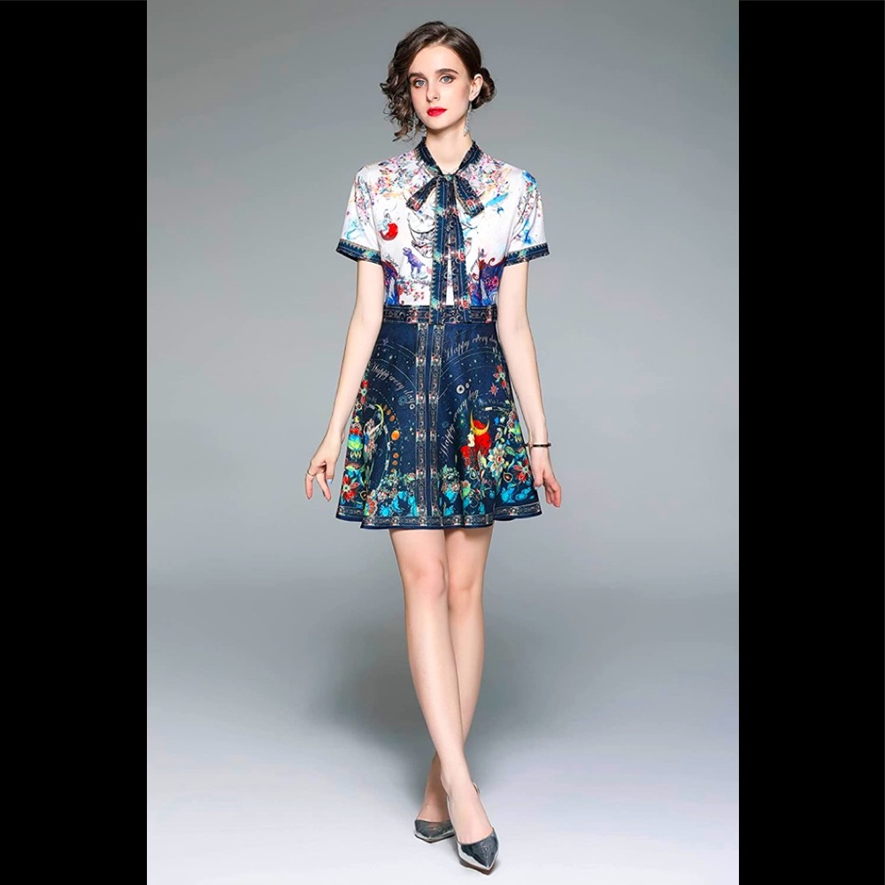 NWT💙💟 FIVE CAT Women's Round/V Neck Floral Print Casual Swing Mini Dress